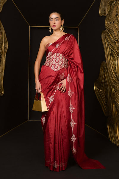 Red baroque woven kadhwa banarasi sari set