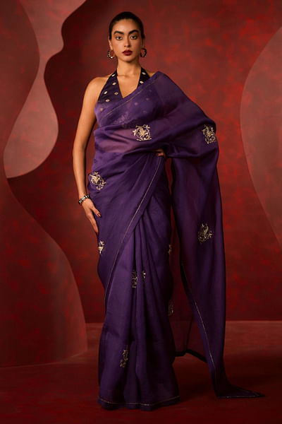 Purple baroque zardozi embroidered sari set