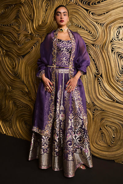 Purple baroque kadhwa banarasi lehenga set