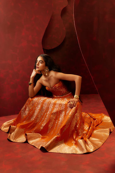 Rust baroque kadhwa banarasi lehenga set