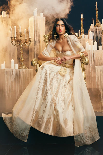 Cream baroque kadhwa banarasi lehenga set