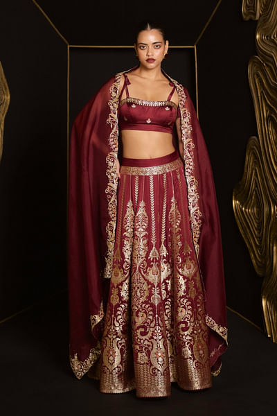 Garnet baroque kadhwa banarasi lehenga set
