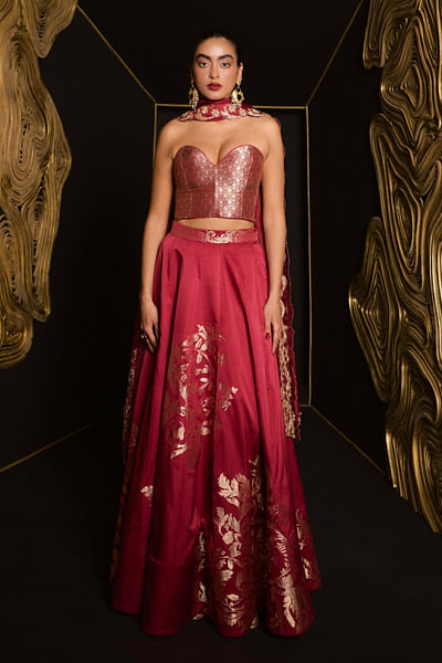 Maroon baroque kadhwa banarasi lehenga set
