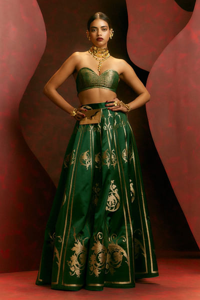 Green baroque kadhwa banarasi lehenga set
