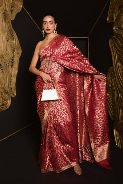 Maroon baroque cutwork banarasi sari set