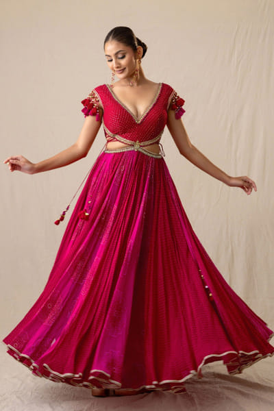 JIVIVA BY Jigvijay & Varsha Fuchsia pink printed bandhej gown JIVIJUN26D147864