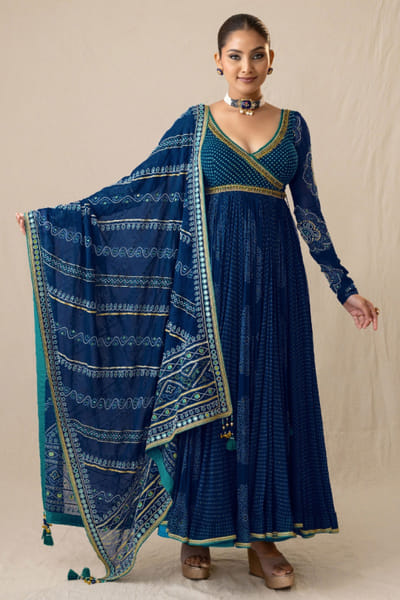 JIVIVA BY Jigvijay & Varsha Blue printed bandhej anarkali set JIVIJUN26D147873