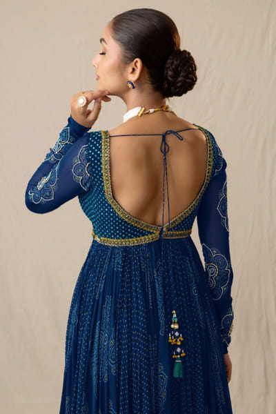 JIVIVA BY Jigvijay & Varsha Blue printed bandhej anarkali set JIVIJUN26D147873