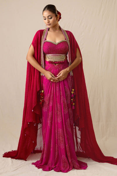 JIVIVA BY Jigvijay & Varsha Fuchsia pink drape skirt set JIVIJUN26D147865