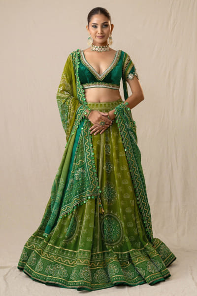 JIVIVA BY Jigvijay & Varsha Green ombre bandhej lehenga set JIVIJUN26D147868