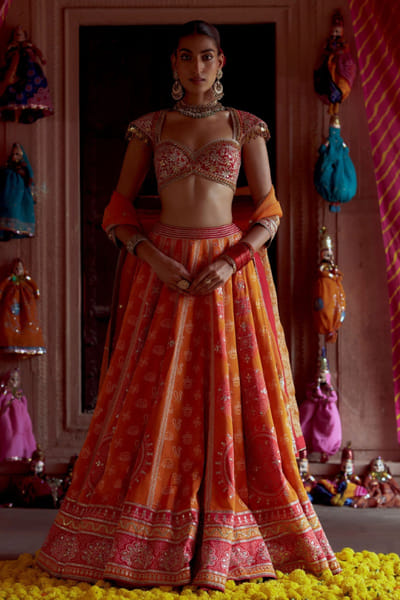 JIVIVA BY Jigvijay & Varsha Orange and red gota embroidered lehenga set JIVIJUN26D147875