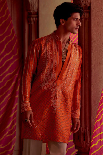 JIVIVA BY Jigvijay & Varsha Orange hand embroidered kurta set JIVIJUN26D247818
