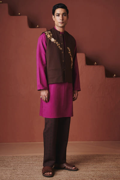 Coffee brown embroidered Nehru jacket