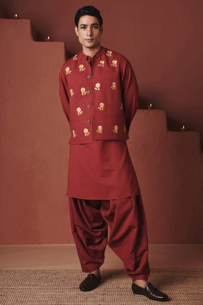 Brick red floral embroidered Nehru jacket