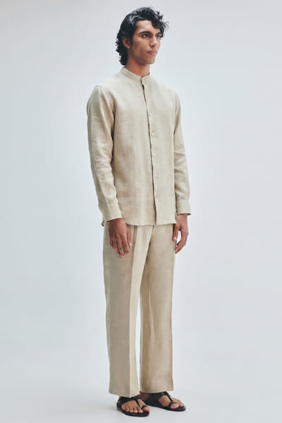 Saphed Beige band-collar linen shirt SAPHAUG26D152951