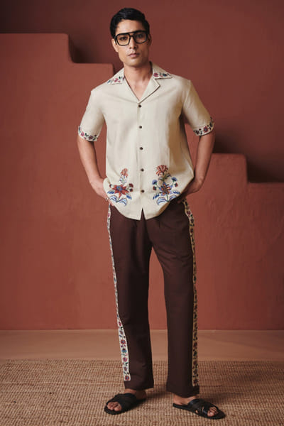 Beige printed cotton linen shirt