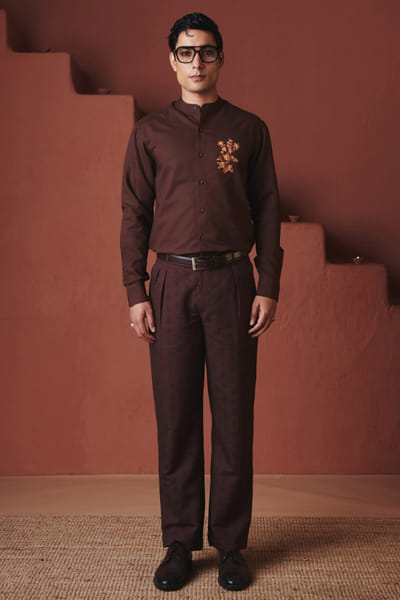 Coffee brown embroidered cotton linen shirt
