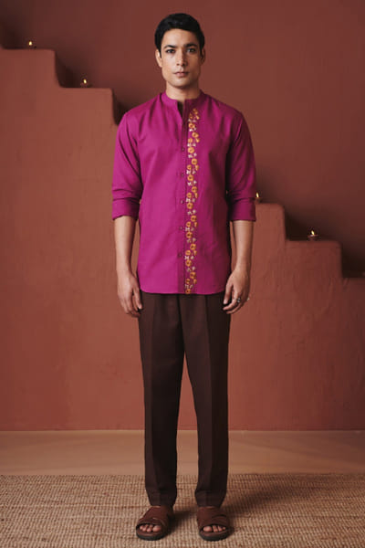 Orchid floral embroidered cotton linen shirt