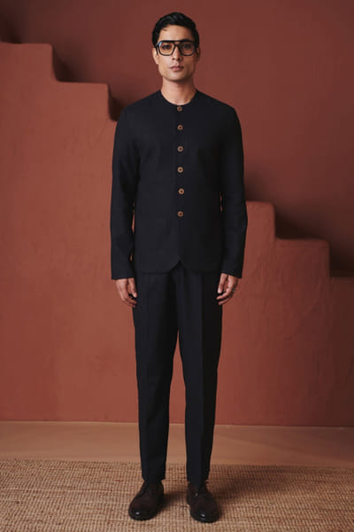 Carbon pleated cotton linen trousers