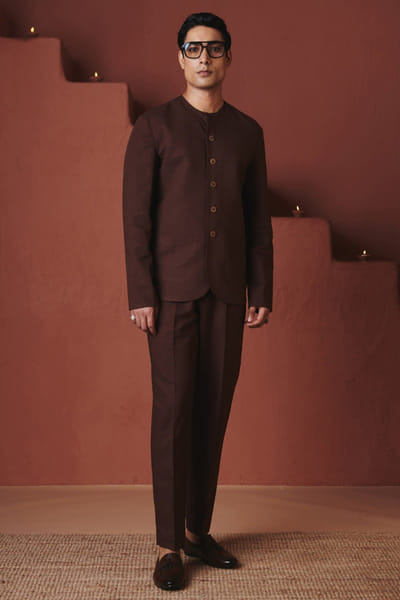 Coffee brown cotton linen pleated trousers