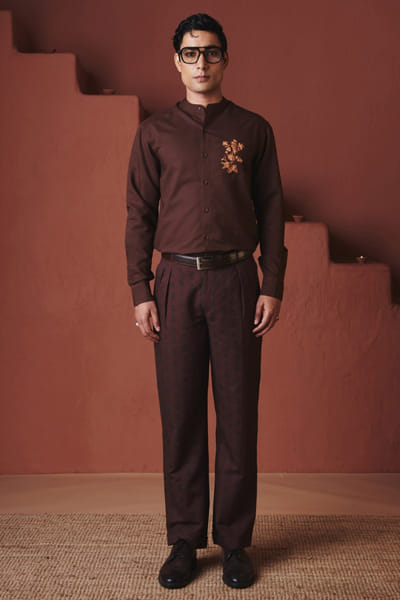 Coffee brown pleated cotton linen trousers