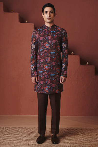 Coffee brown printed cotton linen long jacket