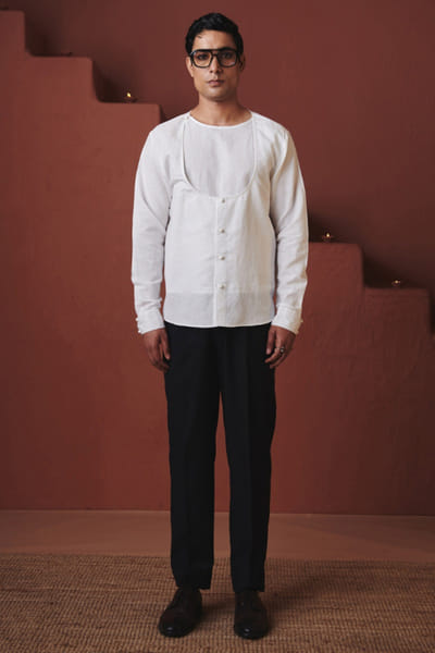 Vanilla cotton linen angrakha shirt