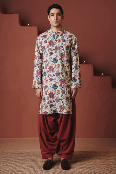 Beige printed cotton linen kurta