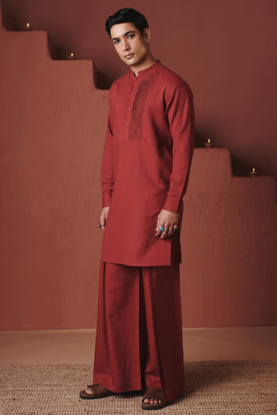 Brick red pleated cotton linen kurta set