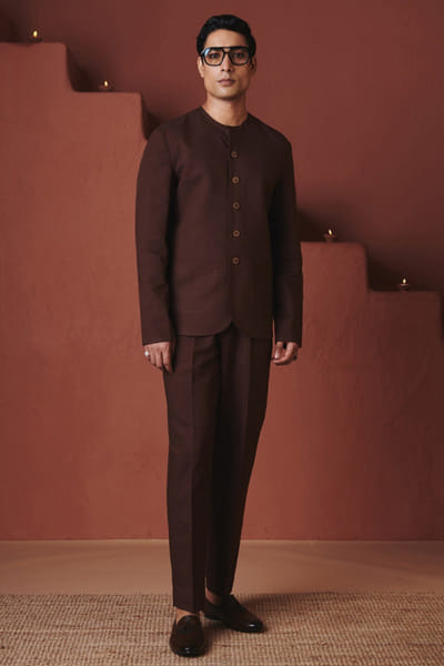 Coffee brown cotton linen jacket set