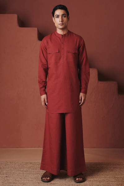Brick red cotton linen kurta pyjama set