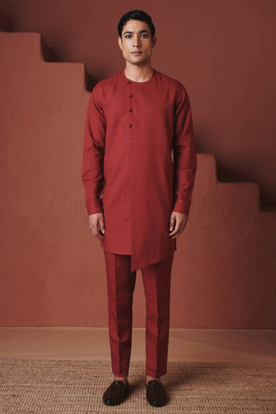 Brick red cotton linen kurta set