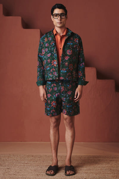 Paan green printed cotton linen jacket