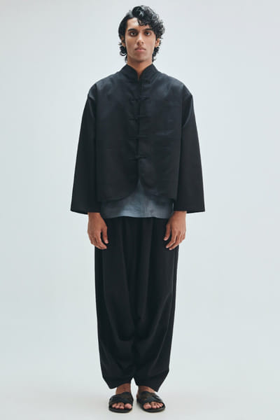 Saphed Black cotton linen mandarin jacket SAPHAUG26D152935