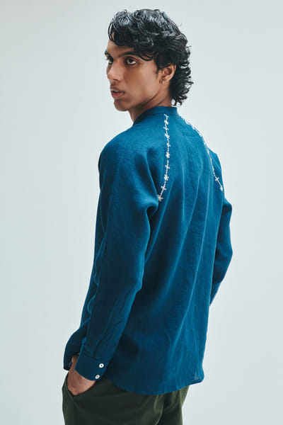 Saphed Indigo embroidered linen raglan shirt SAPHAUG26D254006