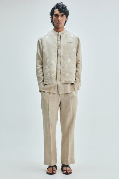 Saphed Beige embroidered linen Nehru jacket set SAPHAUG26D152949