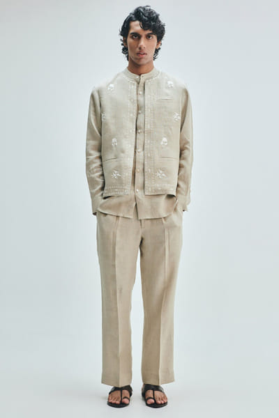 Saphed Beige embroidered linen Nehru jacket SAPHAUG26D152950