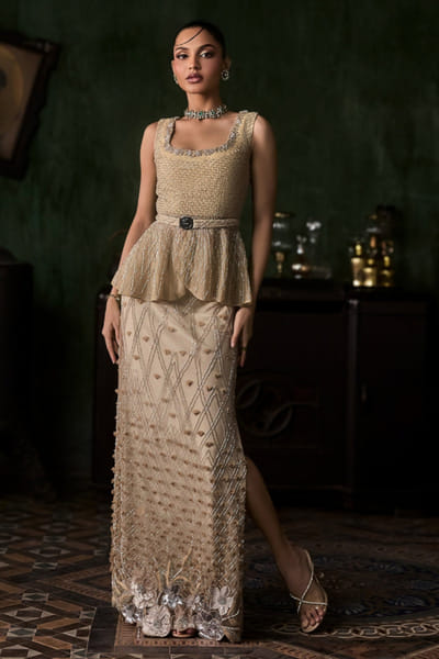 Sea green 3D embroidered peplum skirt set