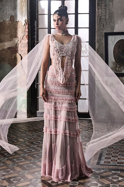 Old rose crystal embellished skirt set