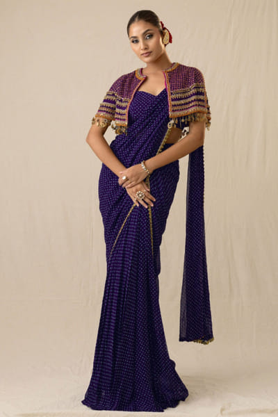 JIVIVA BY Jigvijay & Varsha Purple pre-draped bandhej sari set JIVIJUN26D147872