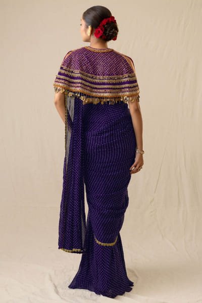 JIVIVA BY Jigvijay & Varsha Purple pre-draped bandhej sari set JIVIJUN26D147872