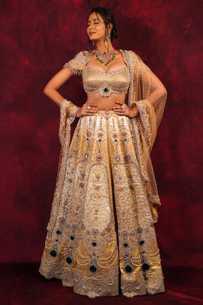 JIVIVA BY Jigvijay & Varsha Gold-silver patchwork embroidered lehenga set JIVDEC25D133728
