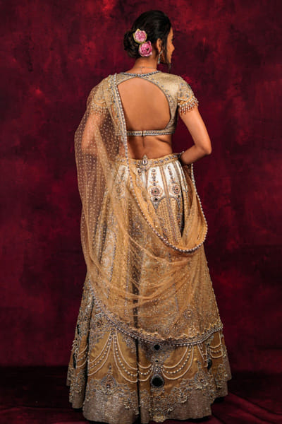 JIVIVA BY Jigvijay & Varsha Gold-silver patchwork embroidered lehenga set JIVDEC25D133728