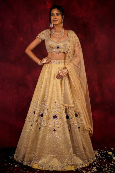 JIVIVA BY Jigvijay & Varsha Gold-silver patchwork motif lehenga set JIVDEC25D133729
