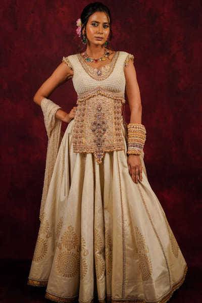 JIVIVA BY Jigvijay & Varsha Gold and silver block printed lehenga set JIVIJUL26D148497