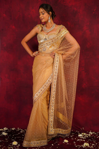 JIVIVA BY Jigvijay & Varsha Gold patchwork embroidered sari set JIVDEC25D134221