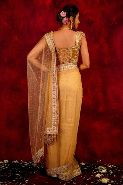 JIVIVA BY Jigvijay & Varsha Gold patchwork embroidered sari set JIVDEC25D134221