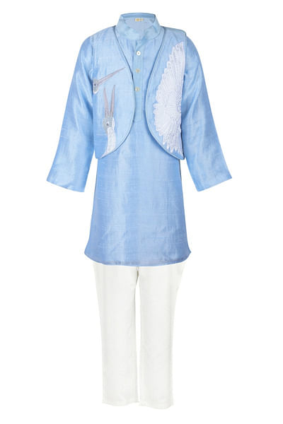 Blue crane embroidered koti kurta set