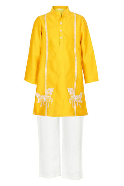 Yellow horse embroidered kurta set