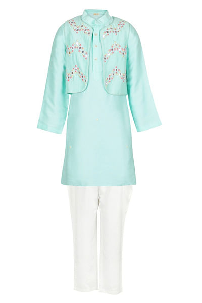 Blue chevron embroidered koti kurta set